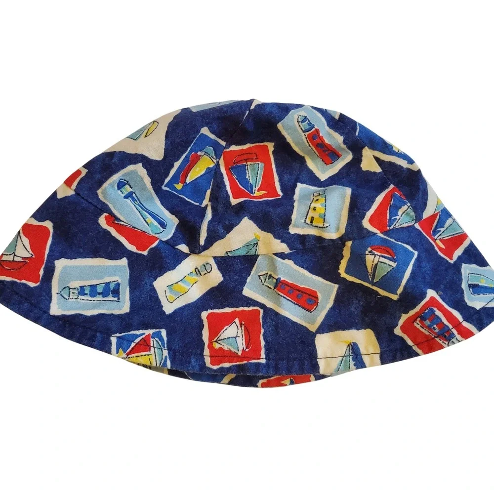 Infant Sailor Boat Nautical Print Blue Cotton Soft Cap Hat vintage